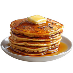 A stack of fluffy buttermilk pancakes with a dollop of butter, isolated on a white background.