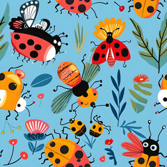 A colorful illustration featuring various whimsical insects and plants on a blue background.