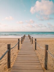 Fototapeta premium Scenic Wooden Boardwalk to the Beach – Peaceful Ocean View, Sandy Pathway, and Coastal Serenity – Beach Boardwalk