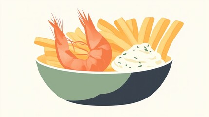 Shrimp and fries in a bowl, side view, food illustration, restaurant menu item