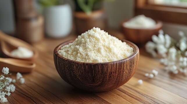 a wooden bowl filled with fine white salep powder sits on a wooden surface the light background highlights the smooth texture,purity of the powder