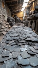 Inside a slate production facility, workers crush and mix asbestos and cement to create slate sheets. The workspace is filled with raw materials and finished products stacked neatly
