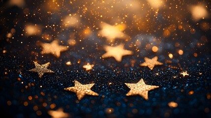 Golden glittering stars scattered on black background with sparkling particles and cosmic shimmer, festive and dreamy celestial design in abstract style
