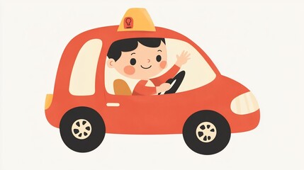 Cute Cartoon Boy Driving a Red Car with a Taxi Light on Top Illustration
