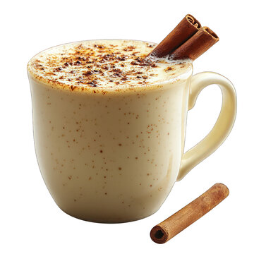 A steaming mug of chai latte with cinnamon stick, isolated on a white background.