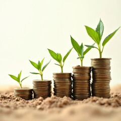 Green plants sprout from stacks of coins representing financial growth. Investment concept wealth, savings, business, success. Money grows like plants, showing profit planning. Eco friendly,