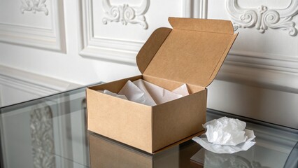 Box on a table, highlighting the packaging and delivery theme.
