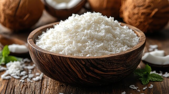 a wooden bowl filled with finely shredded hindistancevizi rende desiccated coconut sits on a wooden surface the pure white fluffy texture of the coconut shreds is neatly piled high