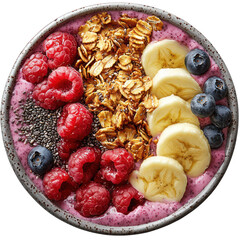 A vibrant acai bowl with granola and chia seeds, isolated on a white background.