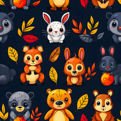 Naklejka premium A colorful pattern featuring cute cartoon animals and autumn leaves.