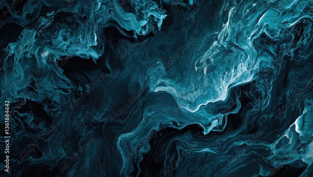 Poster Abstract deep teal and white fluid painting.  Dynamic swirls and flowing lines create a mesmerizing effect