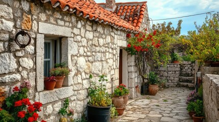 Fototapeta premium Charming stone cottage with vibrant flowers lining the pathway, set in a serene rural landscape under a blue sky