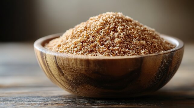 a wooden bowl filled with ground flaxseed sits on a wooden surface against a white background the flaxseed is finely ground showcasing its light brown,slightly speckled texture
