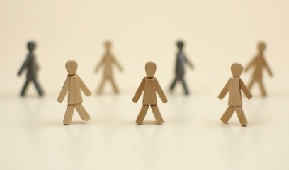 Wooden figures gently stroll neutral background soft light. AI Generated