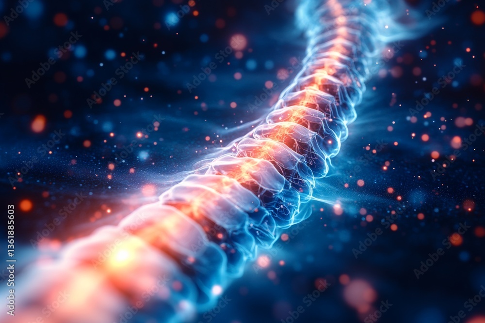 Poster visualization of a luminous human spine exhibiting energy and movement in a dark cosmic background d