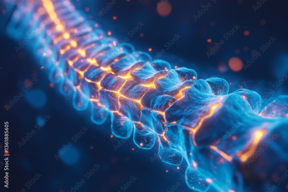 Poster Intricate visualization of the human spine illuminated by vibrant colors showcasing its structure and function