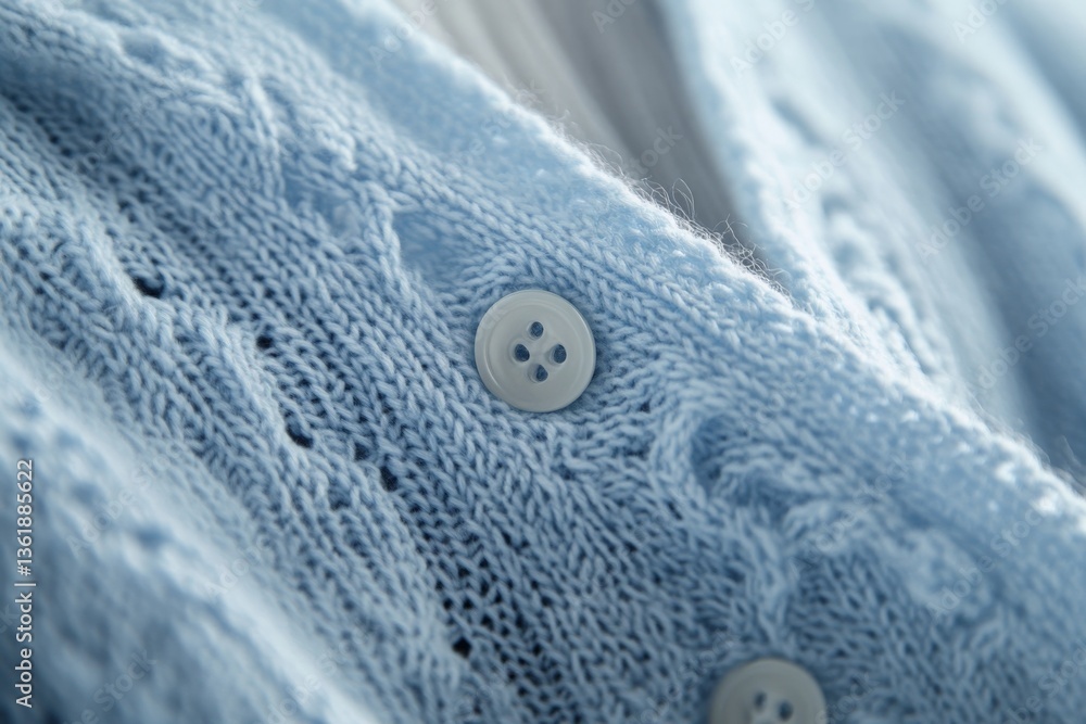Poster close-up of a delicate light blue knitted cardigan showcasing intricate patterns and buttons on a co