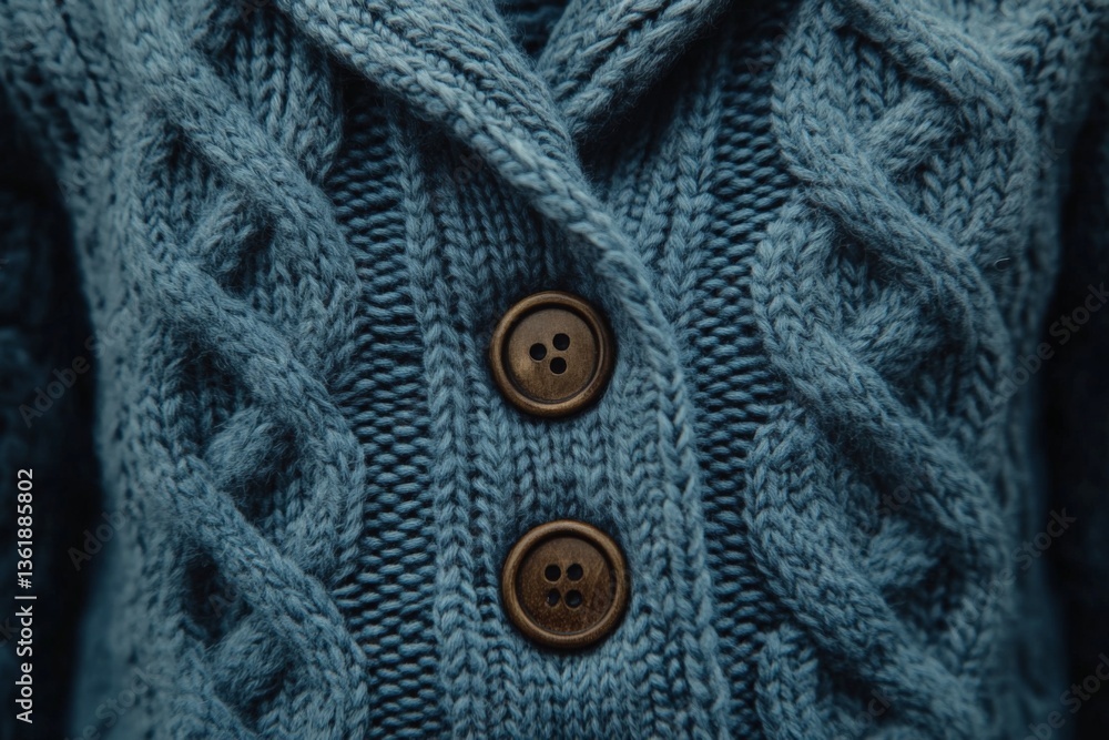 Poster cozy blue knitted cardigan with intricate cable patterns and wooden buttons showcased in soft lighti