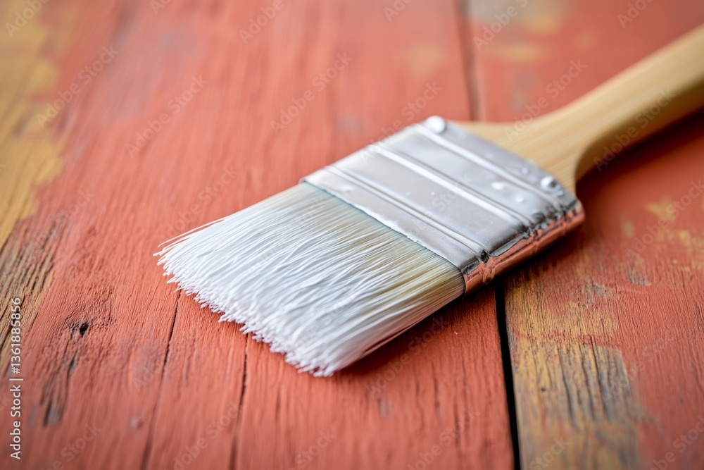 Poster brush resting on weathered wooden surface with faded red paint in artistic workspace