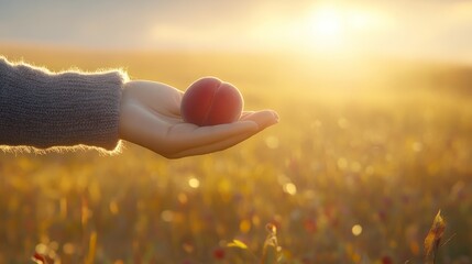 Peach lies on a hand in a yellow field, with sunset lighting the scene warmly
