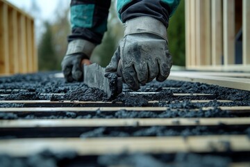 Construction worker applying asphalt during road work in a rural area on a clear day in autumn