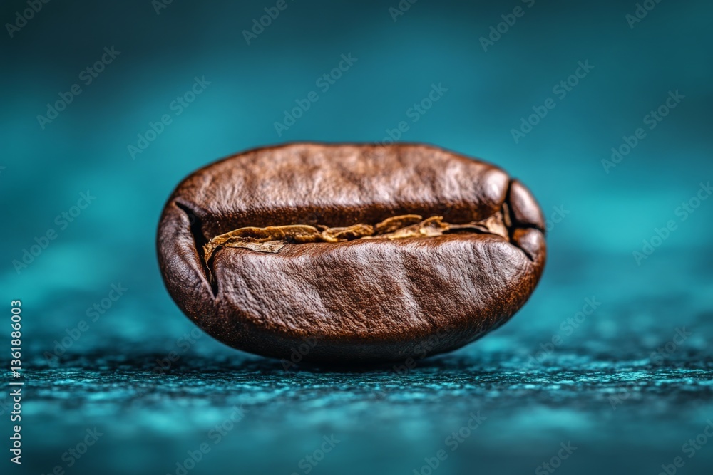 Poster coffee bean on textured surface with blue background showcasing its rich color and detail