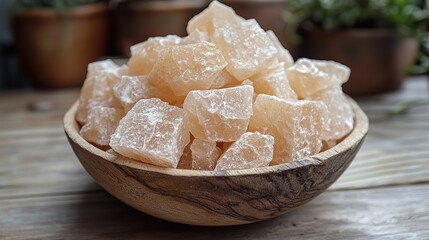 a wooden bowl filled with large chunks of alum sits on a wooden surface showcasing the crystalline structure of this mineral alum is commonly used in pickling baking,as a natural deodorant