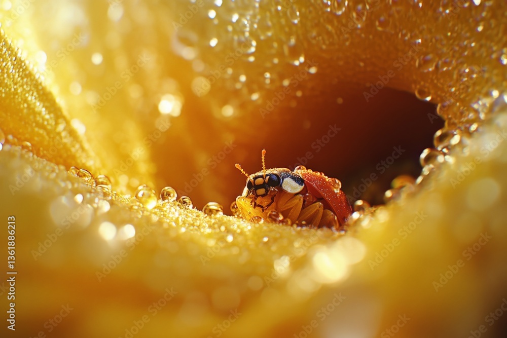 Poster close-up view of a beetle resting on a yellow flower petal adorned with droplets of water in soft mo