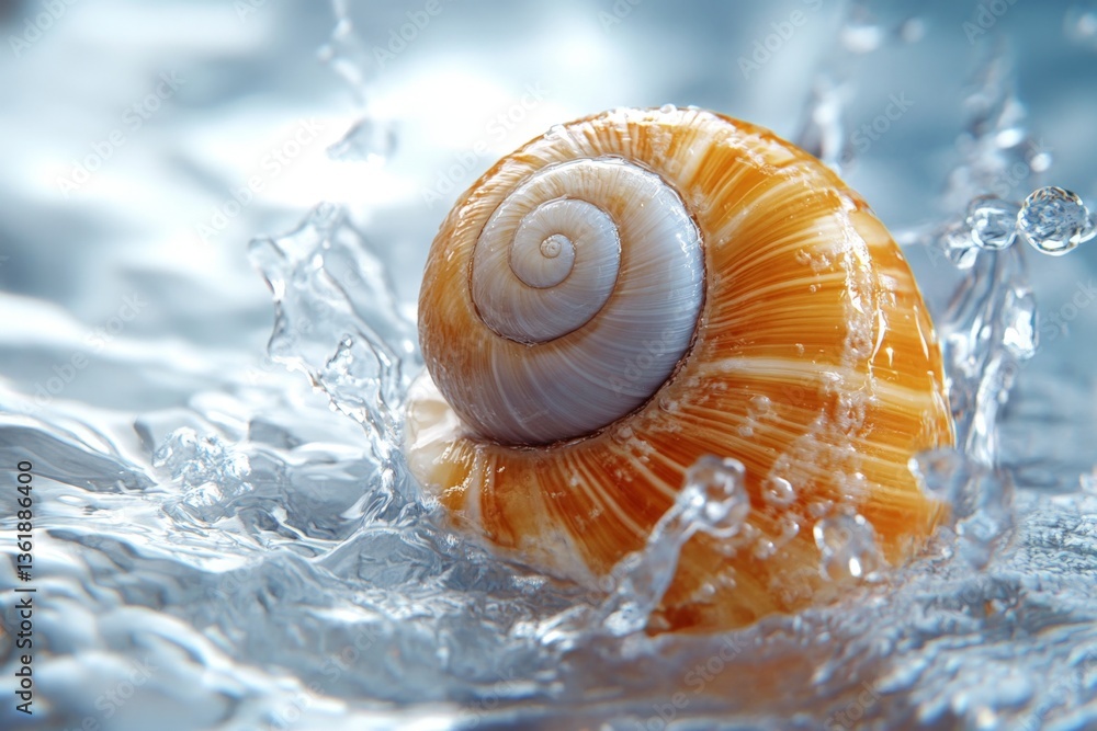 Poster close-up of a sea shell splashing in crystal clear water with vibrant colors and intricate patterns 