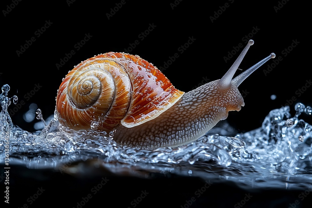 Poster Snail glides through water droplets in dynamic motion during a close-up capture