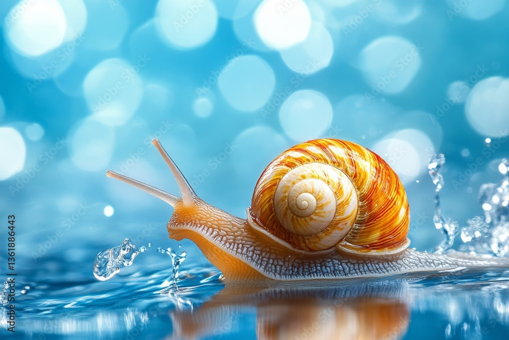 Poster Snail moves gracefully through water with vibrant shell and sparkling background in a natural setting during daylight
