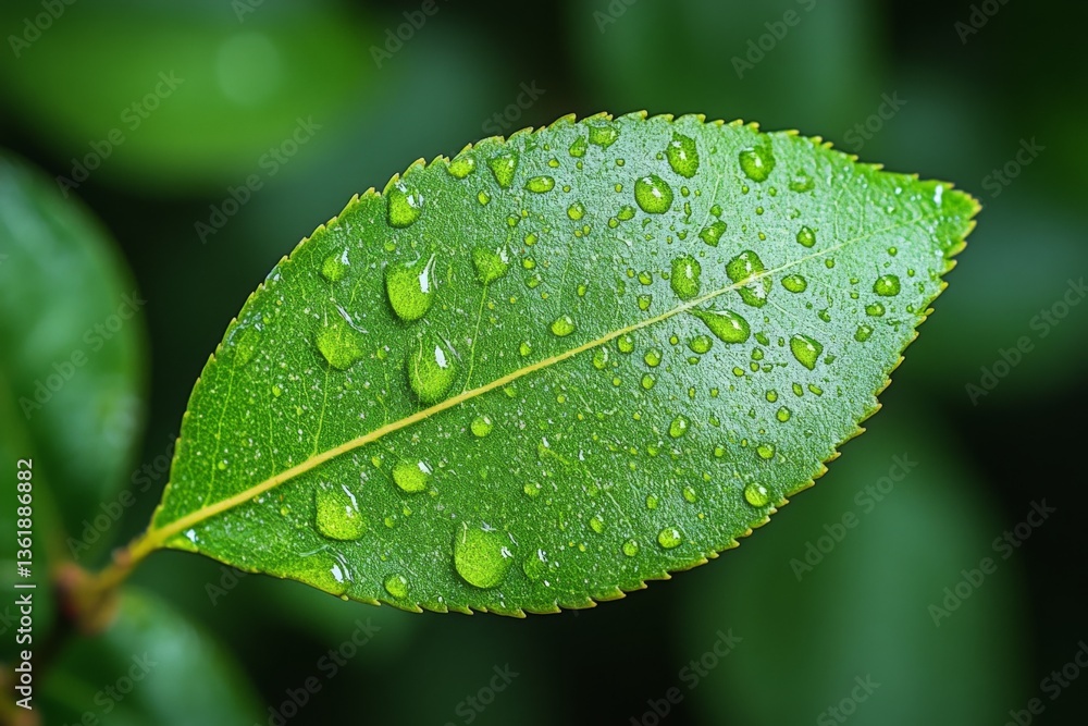 Poster close-up of a green leaf covered in water droplets after a refreshing rain in a lush forest during e