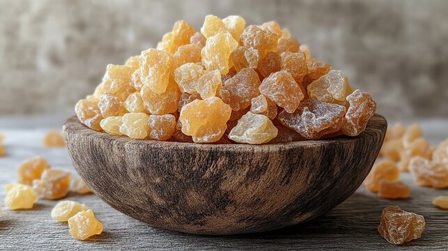 a wooden bowl filled with natural frankincense resin sits on a wooden surface against a white background the resin pieces vary in color displaying a range of light beige to golden brown hues