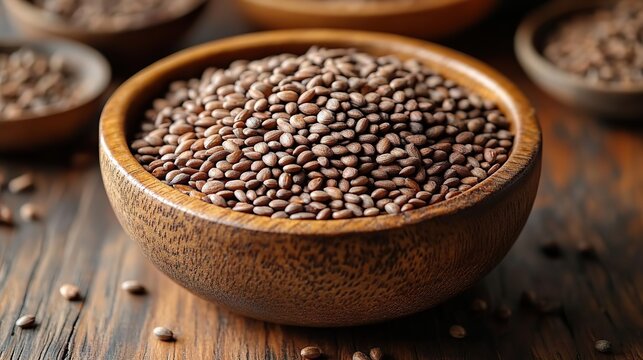 a wooden bowl filled with peganum harmala seeds rests on a wooden surface displaying the small brown seeds