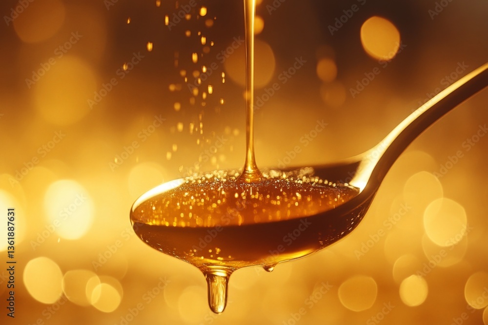 Poster Golden honey dripping from a spoon with sparkling bokeh background highlighting its rich texture and warm color