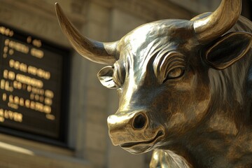 A photorealistic bronze bull statue with deep shadows looming over a Wall Street stock ticker, bear faintly visible in the distance.