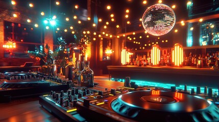 Vibrant nightclub scene with DJ setup and disco lights