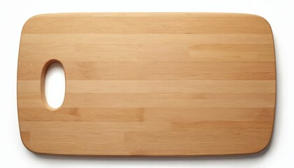 Top view of empty wooden cutting board with handle on white background. Bamboo utensil for food prep. Kitchenware for meat, bread, vegetable cutting and serving.