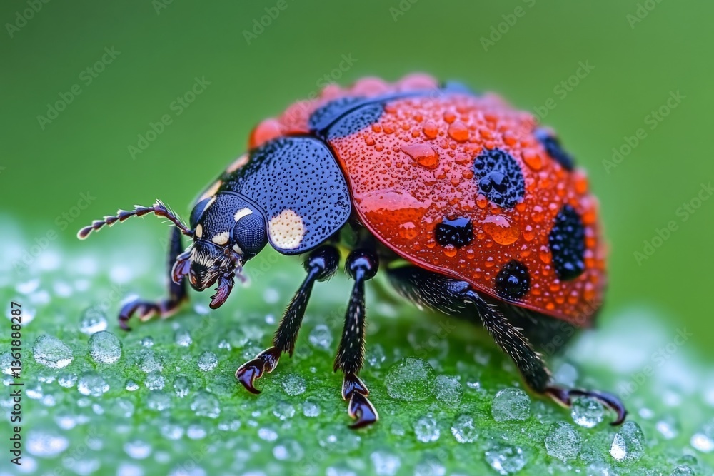 Poster close-up view of a vibrant ladybug on a green leaf glistening with water droplets after the rain in 