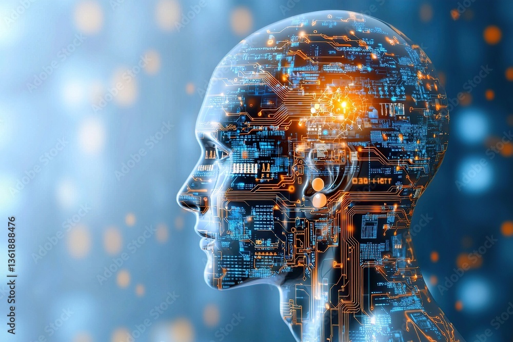 Poster digital representation of a human head filled with intricate circuitry and glowing elements.