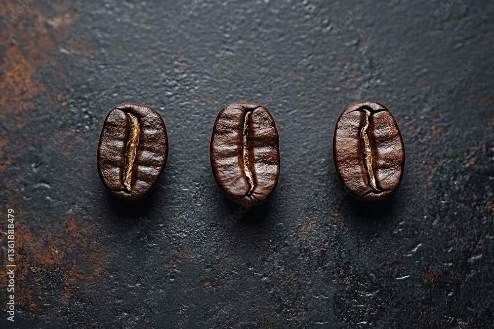 Poster coffee beans arranged on a dark surface showcasing their rich color and unique textures for a mornin