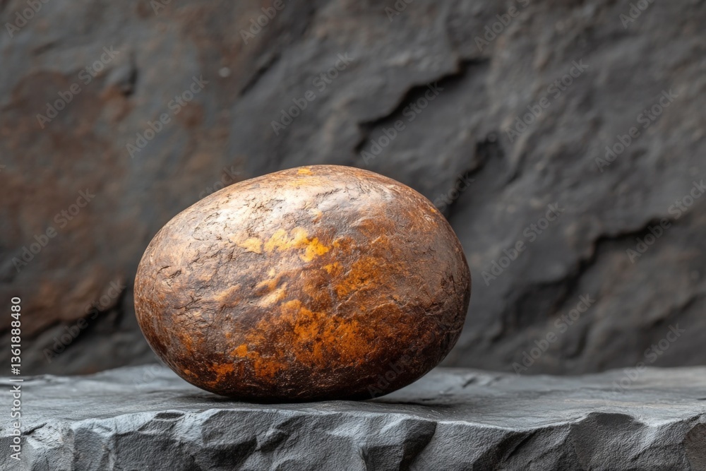 Poster unique oval stone displayed on a textured dark surface in a natural setting at sunset