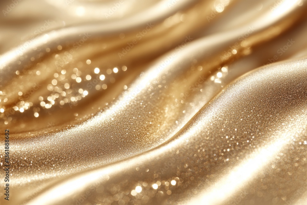 Aufkleber Shimmering golden fabric flows with soft waves and sparkling highlights in a close-up view