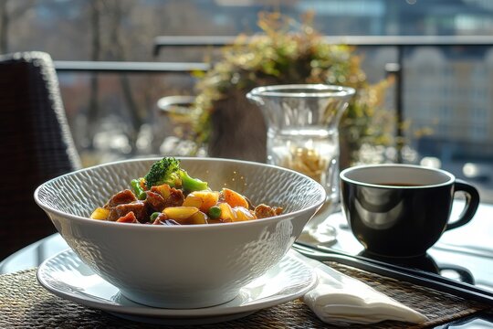 Delicious Asian food with coffee served on balcony, scenic view. Use to illustrate healthy eating or restaurant reviews, travel concepts.