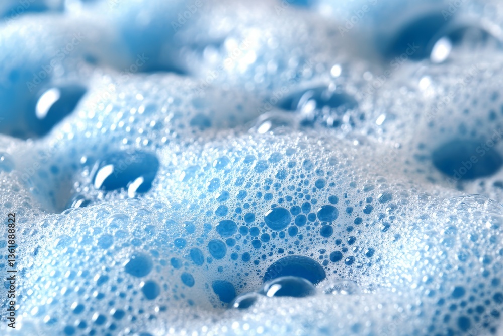 Poster bubbles form on surface of blue liquid in a close-up shot showing texture and depth during a cleanin