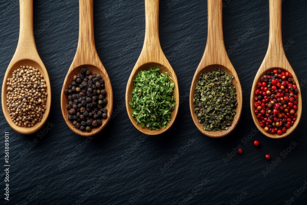 Poster collection of various spices displayed in wooden spoons on a dark surface highlighting culinary dive