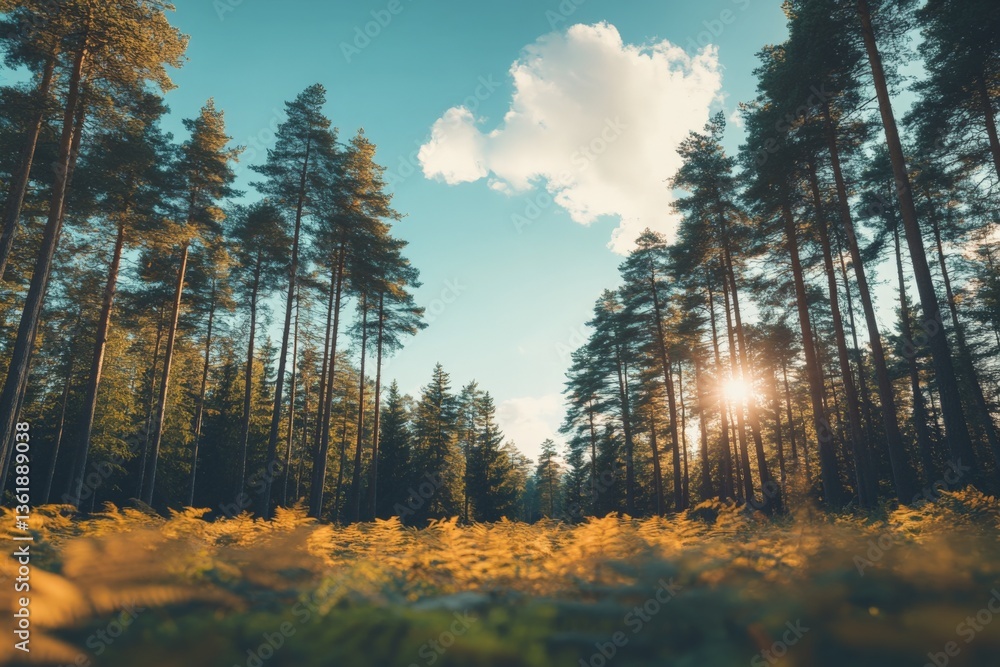 Aufkleber sunlight streaming through tall trees in a peaceful forest during a bright autumn day
