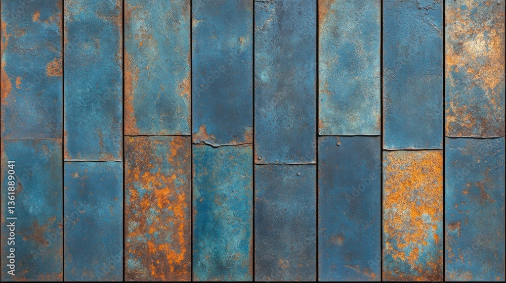 Poster blue and rust-colored rectangular metal panels with a weathered texture