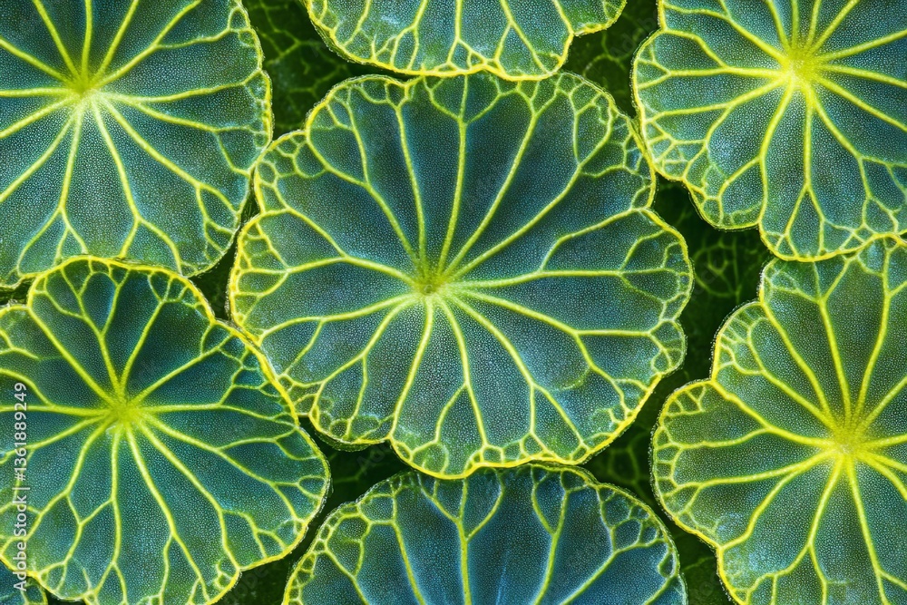 Poster close-up view of vibrant green aquatic leaves immersed in clear water, showcasing intricate vein pat