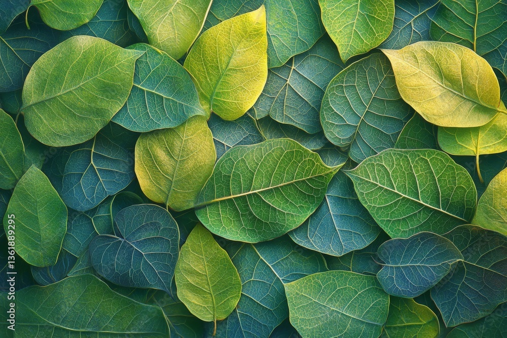Poster layers of various green leaves showcasing different textures and shades in a natural composition